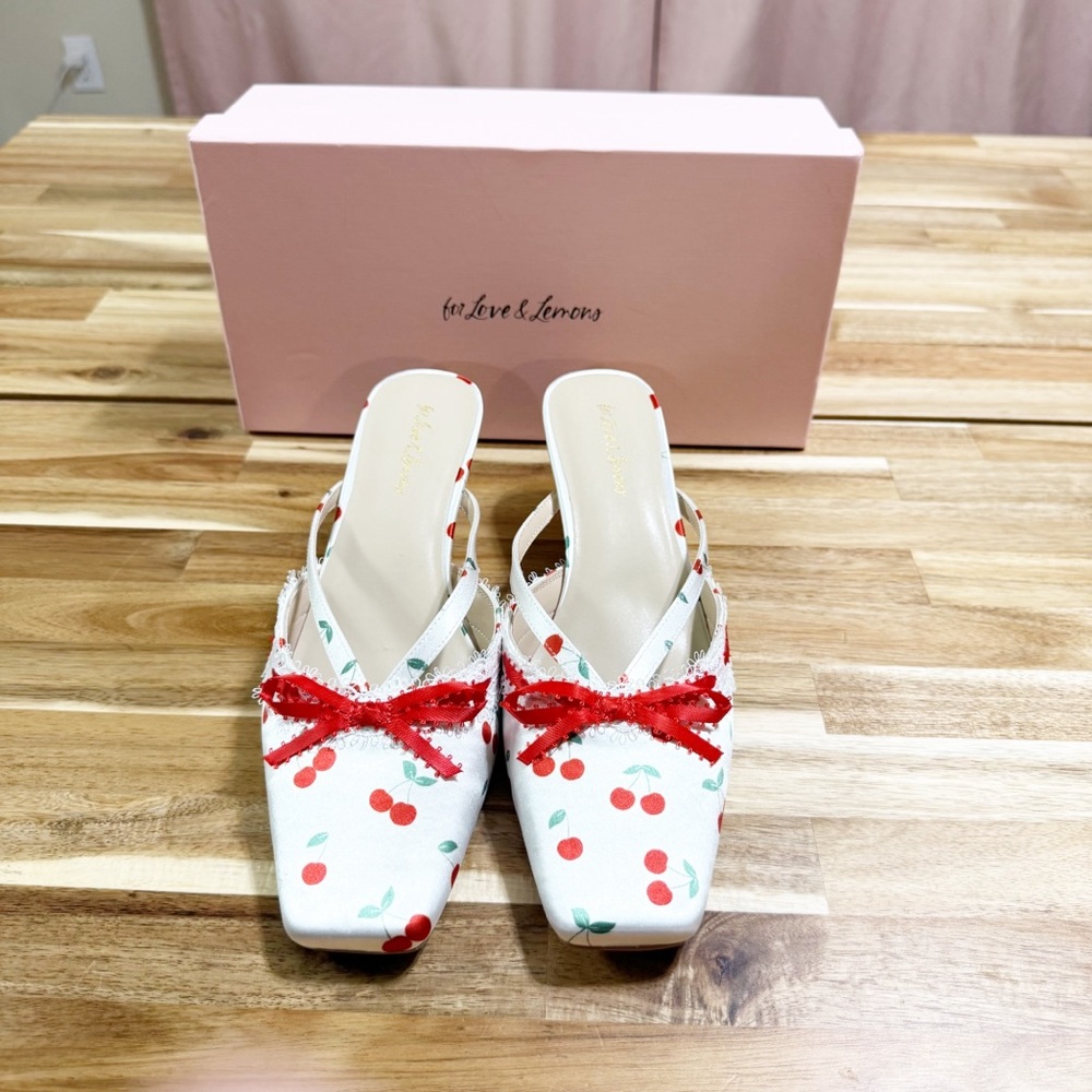 FOR LOVE & LEMONS Free People White Cherry Print Bow Audrey Mules Heels size 39 - Picture 4 of 11